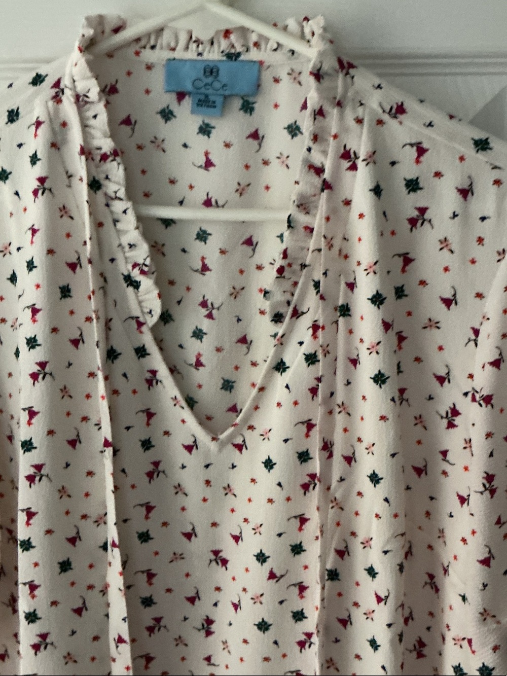 C&C California Cream Blouse with Green and Deep Pink Floral Print